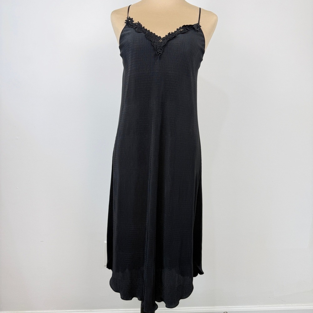 Vintage Sophia Morgan Pleated Lace Trim Slip Dress Nightgown Medium Black